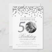 SURPRISE Photo 50th Birthday Silver Confetti Einladung (Vorderseite)