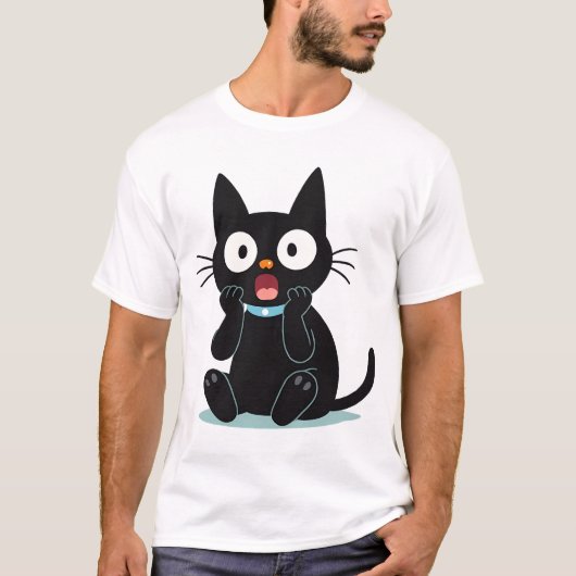 Surprised Black Cartoon Cat T-Shirt (Vorderseite)