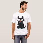 Surprised Black Cartoon Cat T-Shirt (Vorne ganz)