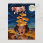 Surprised Breakfast Lady Pancakes Coffee Pink Cow Postkarte (Vorderseite)