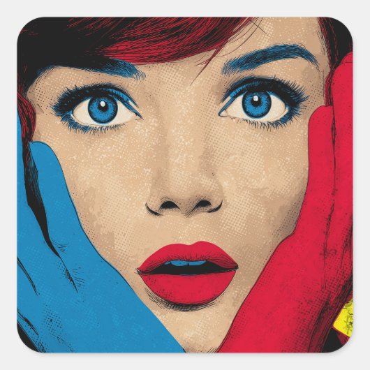 Surprised Woman in Pop Art Quadratischer Aufkleber (Vorderseite)