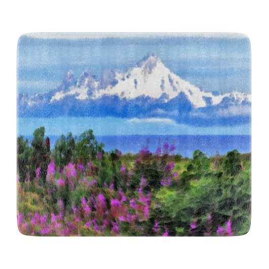 Surreal Alaskan Wilderness Gemälde Schneidebrett (Vorderseite)