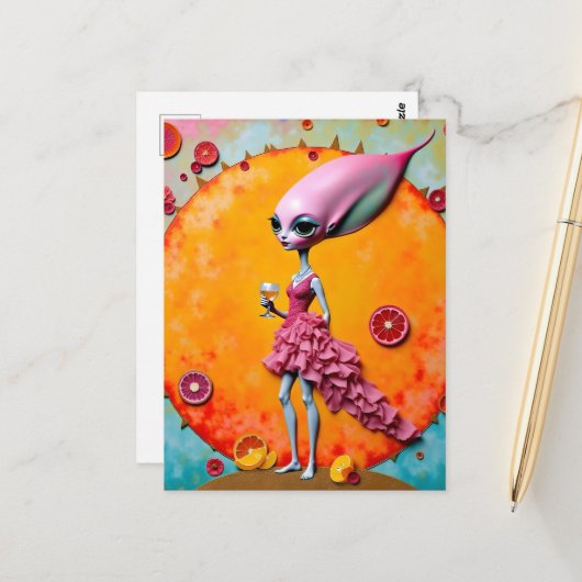 Surreal Alien Lady in Rosa mit Orangensaft Postkarte (Vorderseite/Rückseite Beispiel)