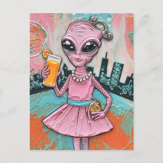 Surreal Alien Lady in Rosa mit Orangensaft Postkarte (Vorderseite)