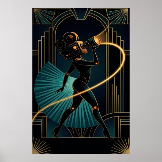Surreal Art Deco Camera Woman Gold Silhouette Poster (Vorne)