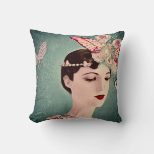 Surreal Art Deco Girl & Butterfells Kissen