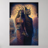 Surreal art. Woman and a cat man holding hands Poster (Vorne)