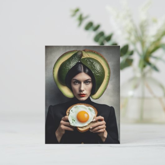 Surreal Avocado Toast and Egg Breakfast Frau Postkarte (Stehend Vorderseite)