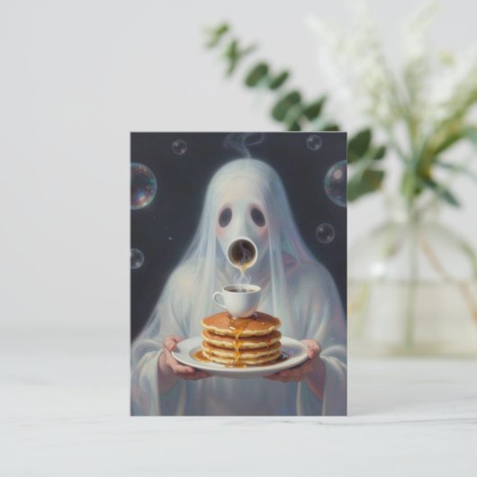 Surreal Breakfast pancakes ghost with coffee Postkarte (Stehend Vorderseite)