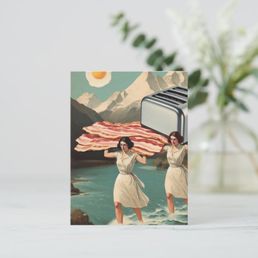 Surreal Breakfast People Riant Toaster and Bacon Postkarte (Stehend Vorderseite)