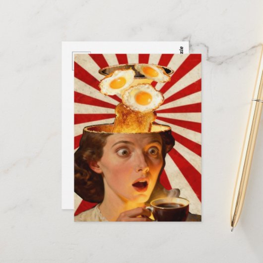 Surreal Breakfast Toast and Coffee Woman Red White Postkarte (Vorderseite/Rückseite Beispiel)