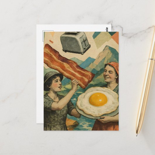 Surreal Breakfast Woman Bacon and Eggs Toaster Postkarte (Vorderseite/Rückseite Beispiel)
