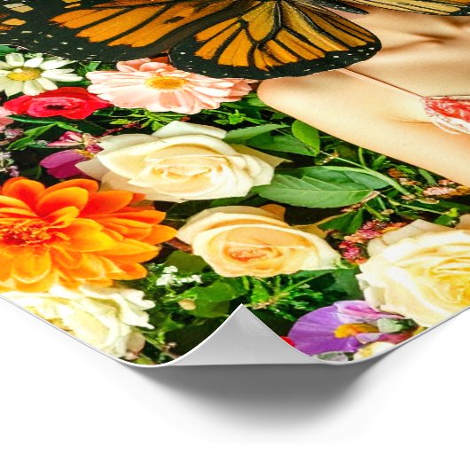 Surreal Butterfly Maske Frau im Blumengarten Poster (Ecke)