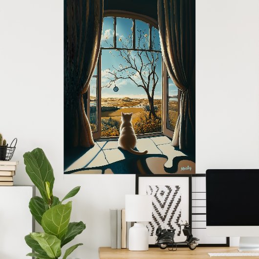 Surreal Cat Gazing Out Window - surrealistische Ku Poster (Heimbüro)