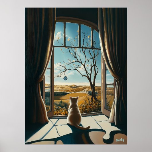 Surreal Cat Gazing Out Window - surrealistische Ku Poster (Vorne)