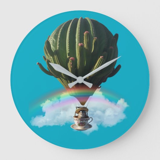 Surreal Cat Hot Air Ballon mit Kaktus & Regenbogen Große Wanduhr (Vorderseite)