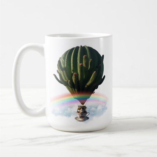 Surreal Cat Hot Air Ballon mit Kaktus & Regenbogen Kaffeetasse (Links)