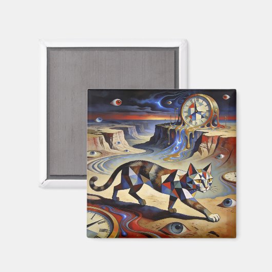 Surreal Cat Melting Clocks Dali Picasso Inspired Magnet (Vorderseite/Rückseite)