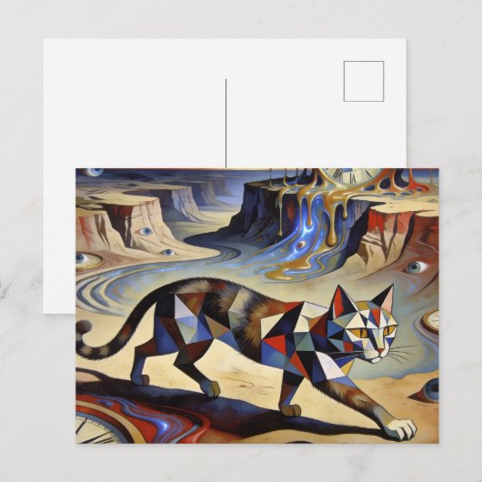 Surreal Cat Melting Clocks Dali Picasso Inspired Postkarte (Vorne/Hinten)