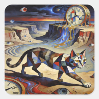 Surreal Cat Melting Clocks Dali Picasso Inspired Quadratischer Aufkleber
