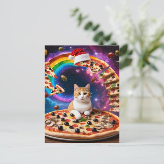 Surreal Cat on a Flying Pizza Weihnachten Postkarte (Stehend Vorderseite)