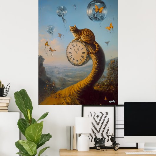 Surreal Cat on Clock mit Schmetterlingen - Surreal Poster (Heimbüro)