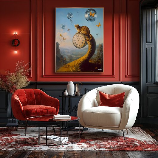 Surreal Cat on Clock mit Schmetterlingen - Surreal Poster