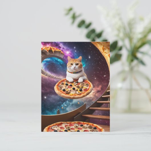 Surreal Cat on Flying Pizza Postkarte (Stehend Vorderseite)