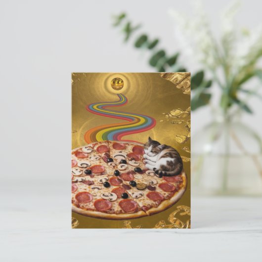 Surreal Cat on Pizza Postcard Postkarte (Stehend Vorderseite)