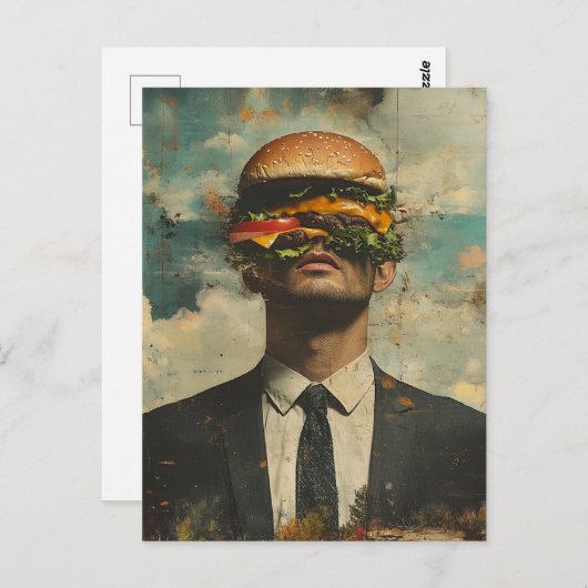 Surreal Cheeseburger Man Postkarte (Vorne/Hinten)