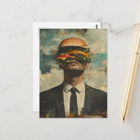 Surreal Cheeseburger Man Postkarte (Vorderseite/Rückseite Beispiel)