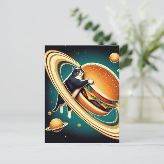 Surreal Cheeseburger Planet Cat Postkarte (Stehend Vorderseite)