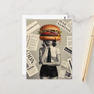 Surreal Cheeseburger Woman Collage News Postkarte