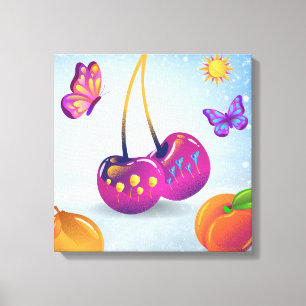 Surreal Cherry & Butterfly Stretched Canvas Print Leinwanddruck