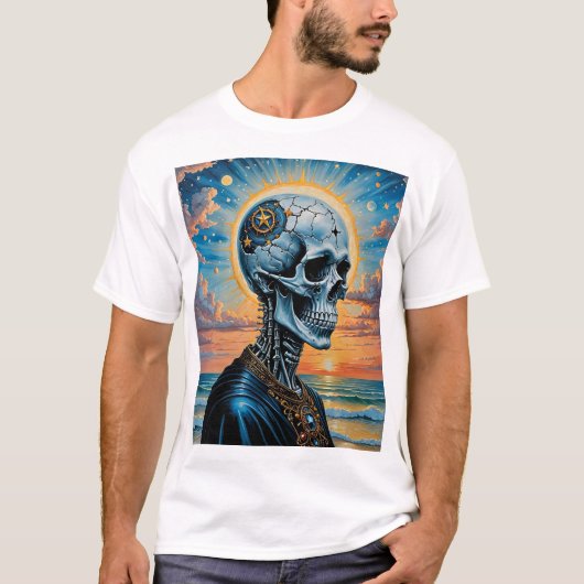 Surreal Cosmic Skull T - Shirt - Sunset Galaxy Art (Vorderseite)