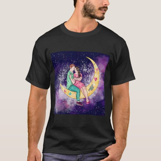 Surreal Couple Art sitzend auf dem Mond mit Sterne T-Shirt (Vorderseite)