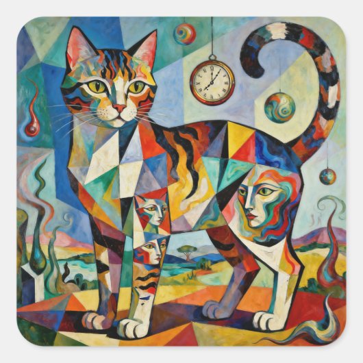 Surreal Cubist Style Cat Art Quadratischer Aufkleber (Vorderseite)