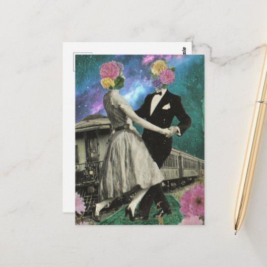 Surreal Dancing Blume People and a Train Postkarte (Vorderseite/Rückseite Beispiel)