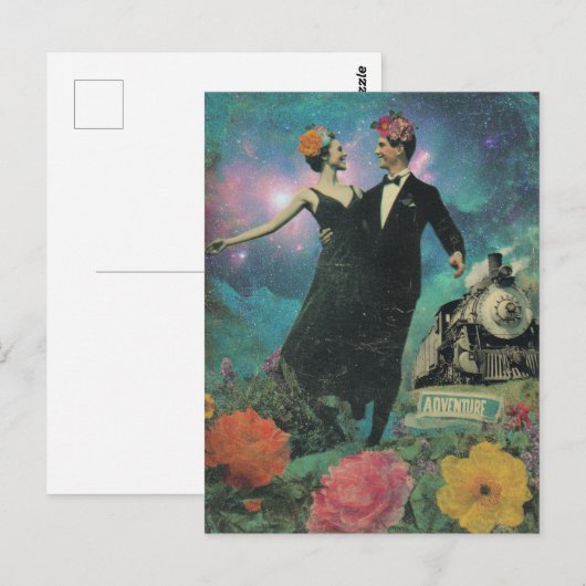 Surreal Dancing People Adventure Collage Train Postkarte (Vorne/Hinten)