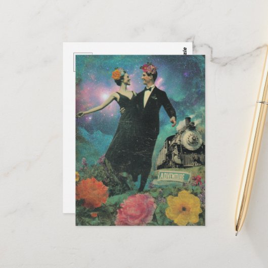 Surreal Dancing People Adventure Collage Train Postkarte (Vorderseite/Rückseite Beispiel)