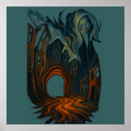 Surreal Dark Cityscape Art Ghostly Figure Painting Poster (Vorne)