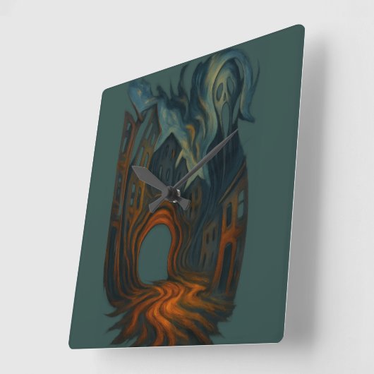 Surreal Dark Cityscape Art Ghostly Figure Painting Quadratische Wanduhr (Winkel)