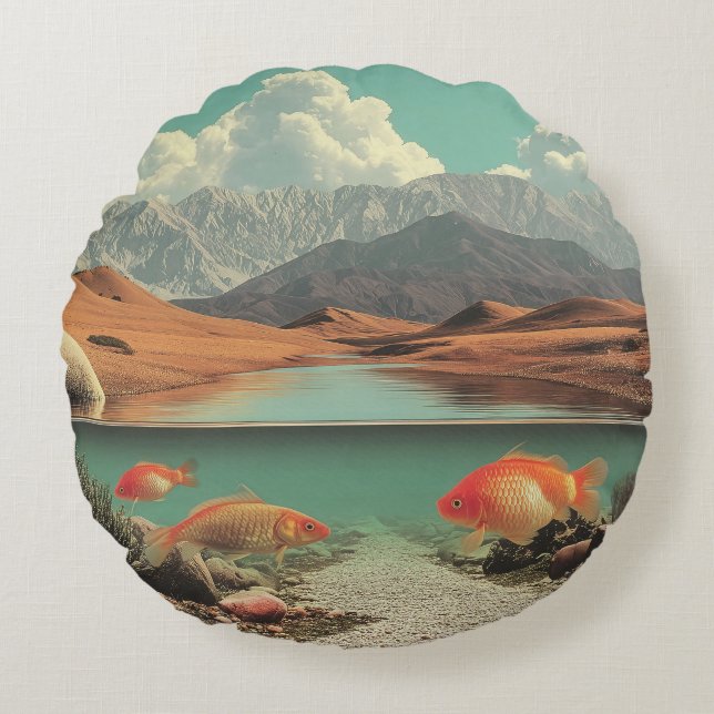 Surreal Desert and Lake with Goldfish Rundes Kissen (Vorderseite)