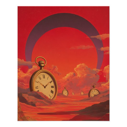 Surreal Desert Clock Red Dreamscape Art Poster (Vorderseite)