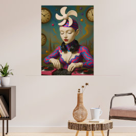 Surreal DJ Girl Psychedelic Futuristic Art Design Poster