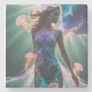 Surreal Double Exposure of Woman and Jellyfish Steinuntersetzer