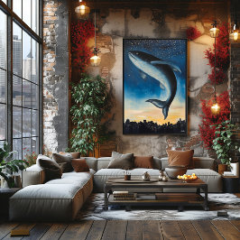 Surreal Dreamscape Fisch schweben über urbanem Sky Poster