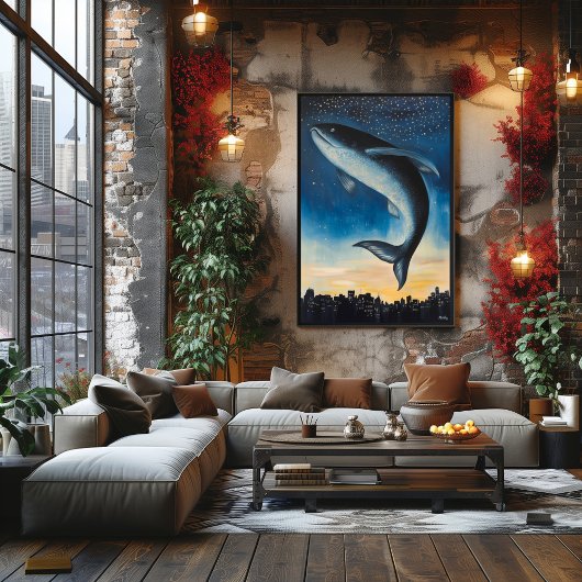 Surreal Dreamscape Fisch schweben über urbanem Sky Poster