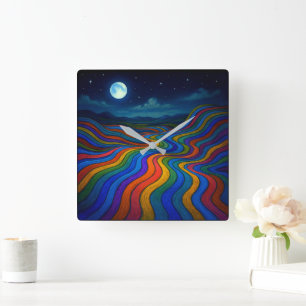 Surreal Dreamscape Moonlight Rainbow Land Quadratische Wanduhr
