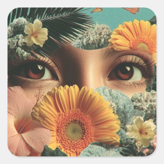 Surreal Eyes and Flowers with Butterflies Quadratischer Aufkleber (Vorderseite)